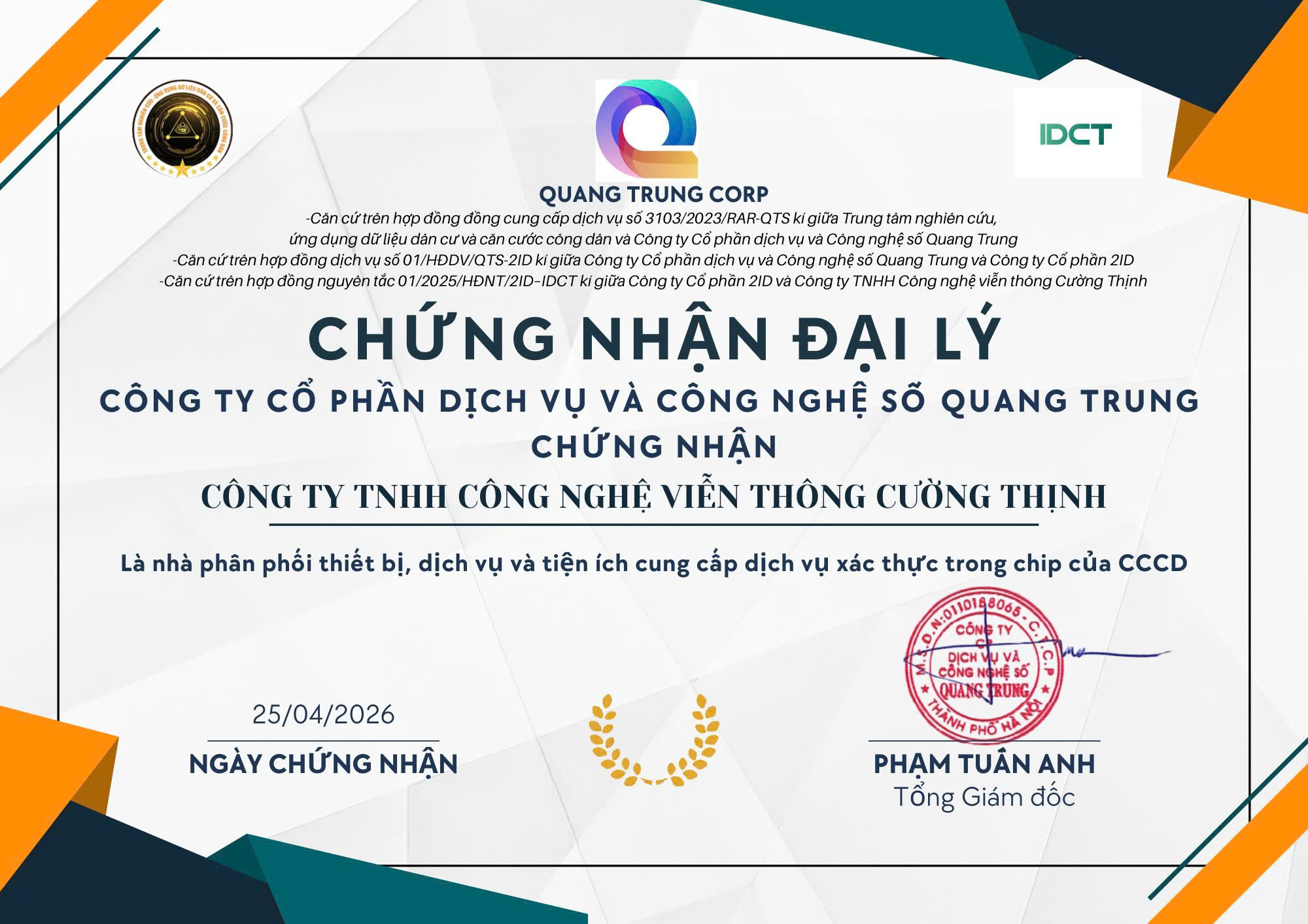 Chứng nhận đại lý giữa IDCT và Quang Trung Corp